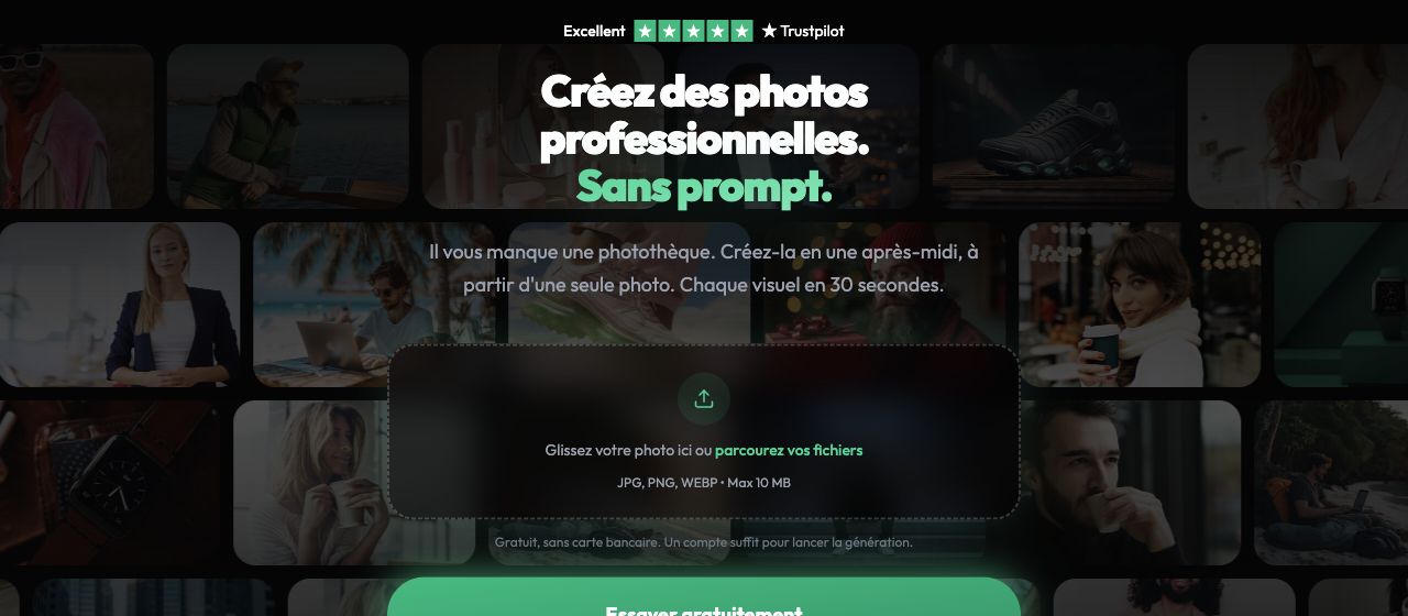 Hero du site MyShot Pro : Créez des photos professionnelles. Sans prompt.